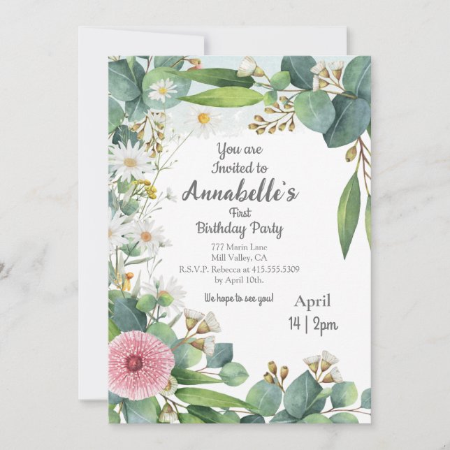 Invitación de cumpleaños eucalipto con tema botáni (Anverso)