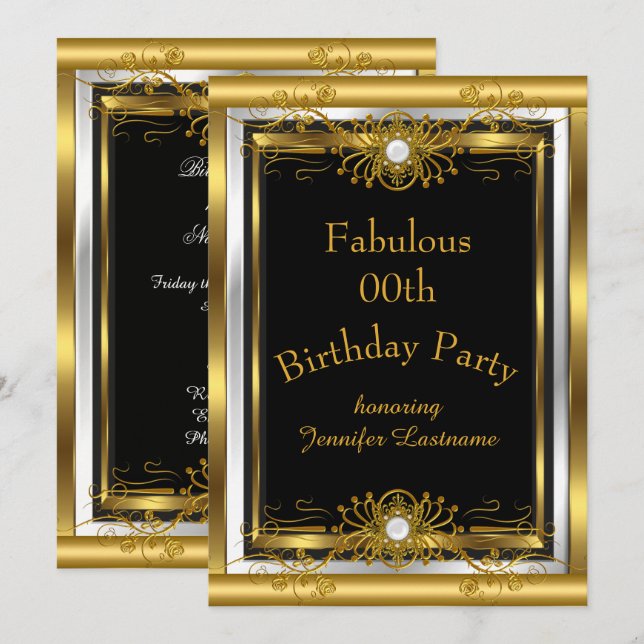Invitación de cumpleaños fabulosa de oro y negro (Anverso / Reverso)