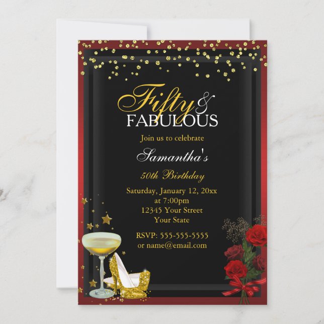 Invitación de cumpleaños fabulosa y dorada roja 50 (Anverso)