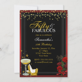 Invitación de cumpleaños fabulosa y dorada roja 50