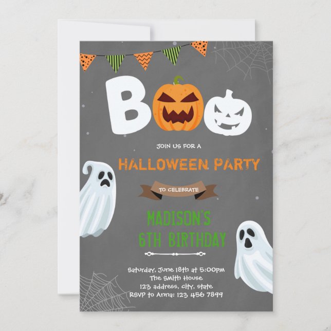 invitación de cumpleaños fantasma boo de Halloween (Anverso)