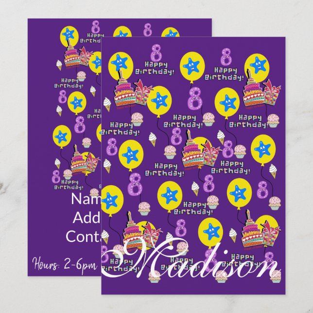 Invitación de Cumpleaños Feliz 8 Cumpleaños #8 Mor (Anverso / Reverso)