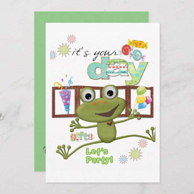 Invitación de cumpleaños feliz a la rana de la fam (Anverso / Reverso)