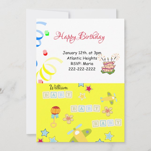 Invitación de cumpleaños feliz avión bebé amarillo (Anverso)