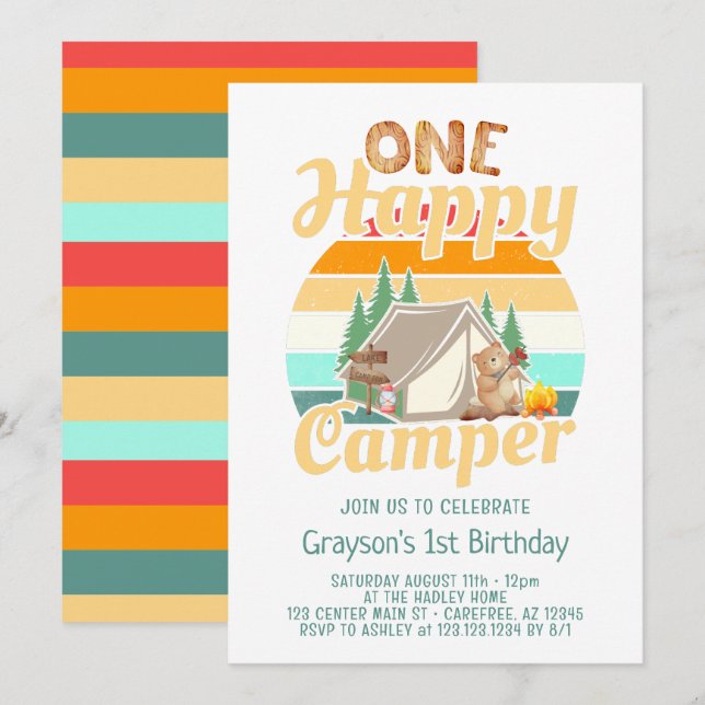Invitación de cumpleaños feliz campista del bosque (Anverso / Reverso)