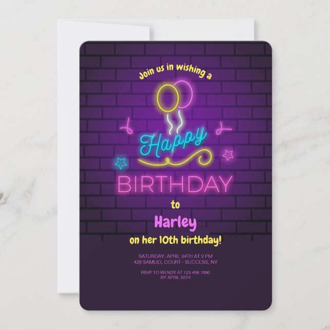 Invitación de cumpleaños feliz de Neon (Anverso)