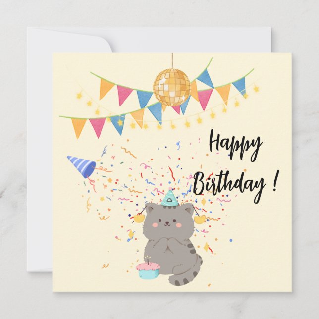Invitación de Cumpleaños Feliz Fiesta de Gatito Ad (Anverso)