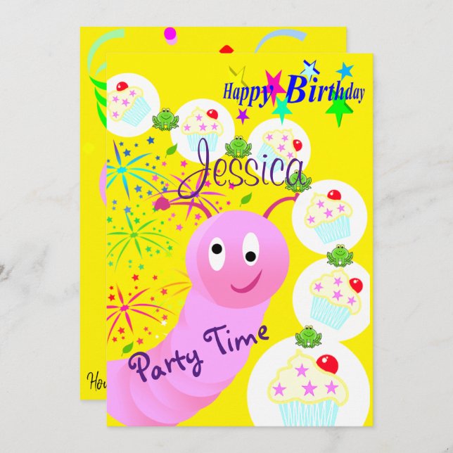 Invitación de cumpleaños feliz pastelitos de gusan (Anverso / Reverso)