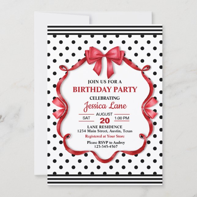 Invitación de cumpleaños femenina con lazo carmesí (Anverso)