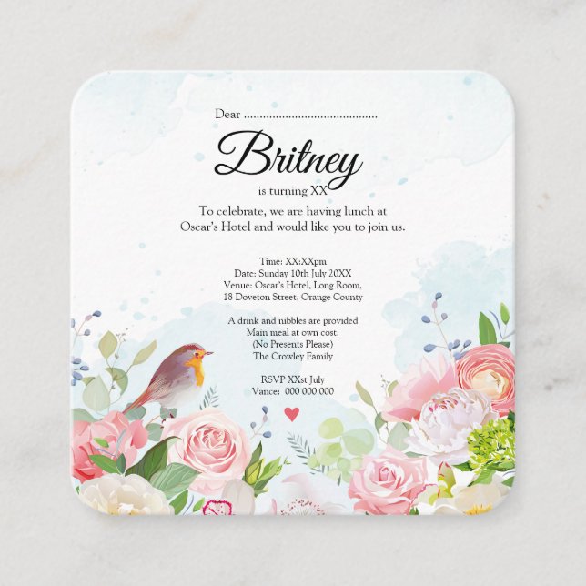 Invitación de cumpleaños femenina personalizable – (Anverso)