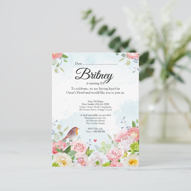 Invitación de cumpleaños femenina personalizable - (Anverso de pie)