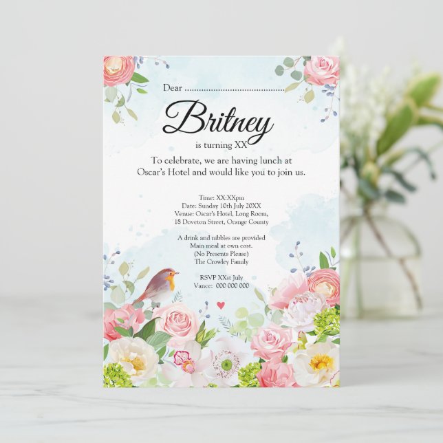 Invitación de cumpleaños femenina personalizable – (Anverso de pie)