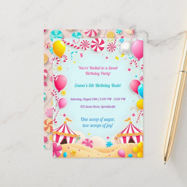 Invitación de Cumpleaños Fiesta Carnaval de Dulces (Anverso/Reverso In Situ)