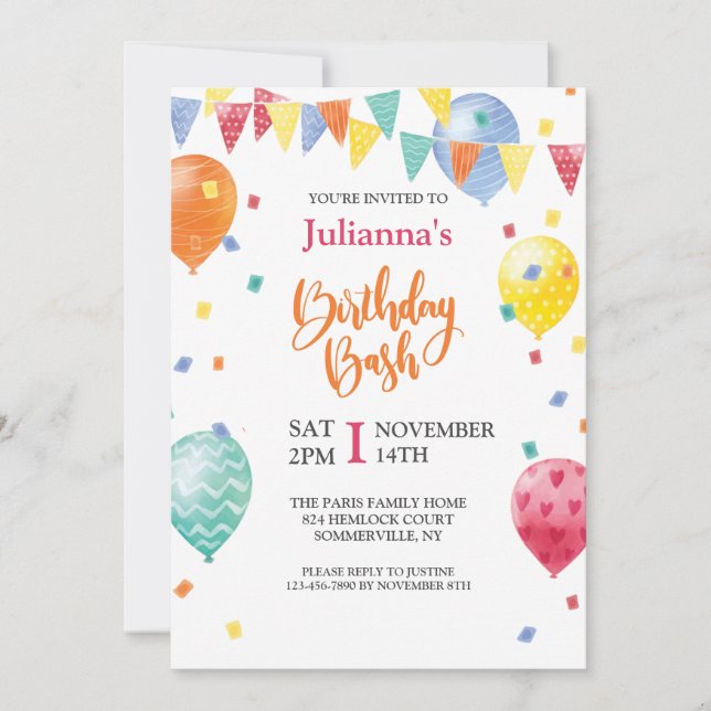 Invitación de Cumpleaños Fiesta con Globos (Anverso)