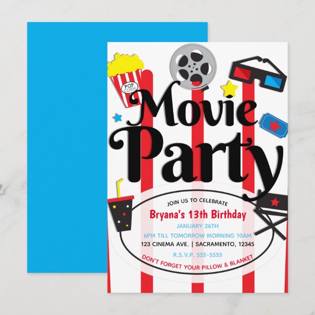 Invitación de Cumpleaños Fiesta de Cine Evento (Anverso / Reverso)