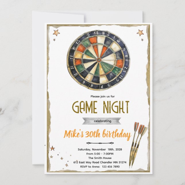 Invitación de cumpleaños fiesta de dardos (Anverso)
