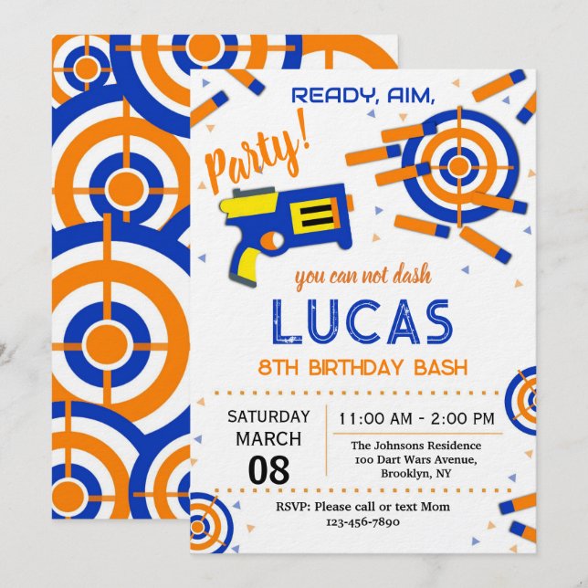 Invitación de cumpleaños fiesta de dardos | Pistol (Anverso / Reverso)