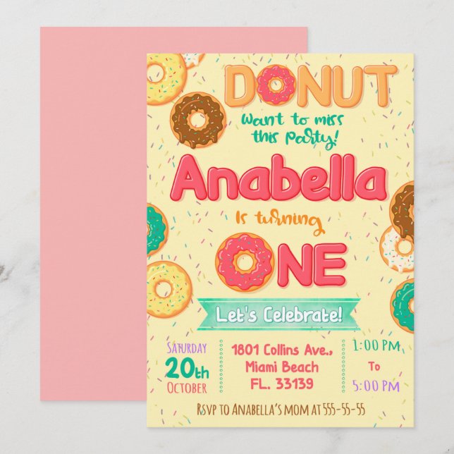 Invitación de cumpleaños, fiesta de Donut (Anverso / Reverso)