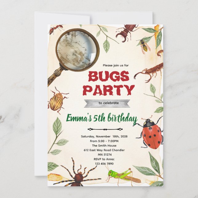 Invitación de cumpleaños fiesta de insectos (Anverso)