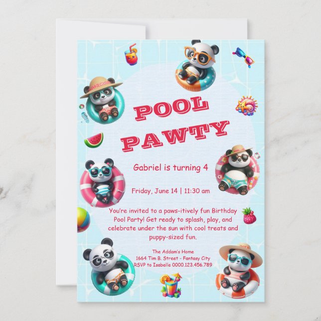 Invitación de cumpleaños Fiesta de la piscina Cute (Anverso)