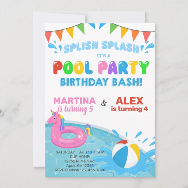 Invitación de cumpleaños fiesta de la piscina de h (Anverso)