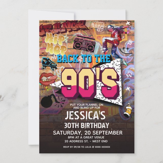 Invitación de cumpleaños Fiesta de los 90 (Anverso)