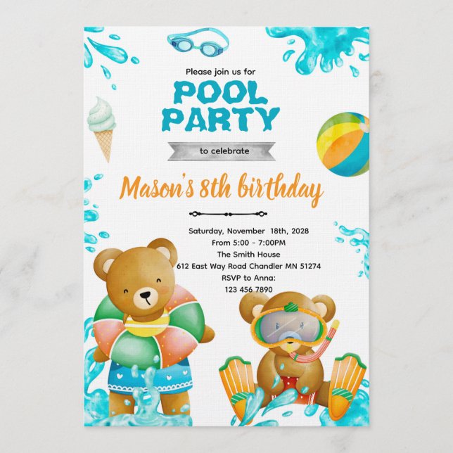 Invitación de cumpleaños fiesta de osos en la pisc (Anverso)