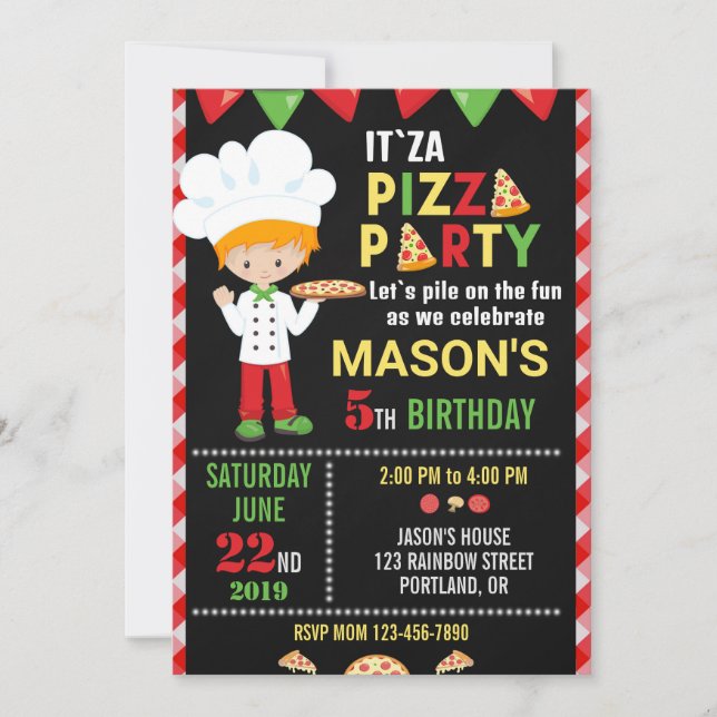 Invitación de cumpleaños fiesta de pizza verde roj (Anverso)