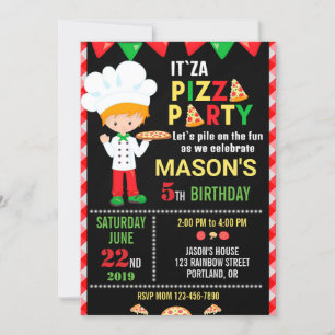 Invitación de cumpleaños fiesta de pizza verde roj