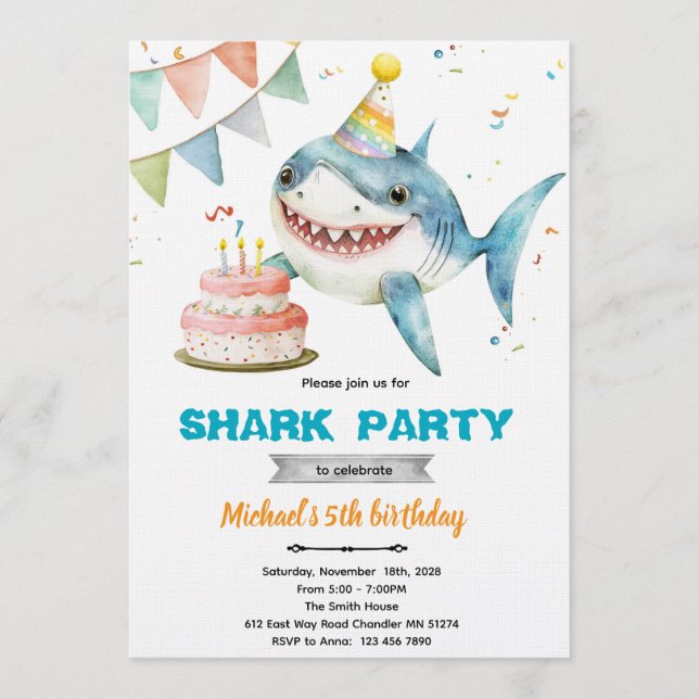 invitación de cumpleaños fiesta de tiburón (Anverso)