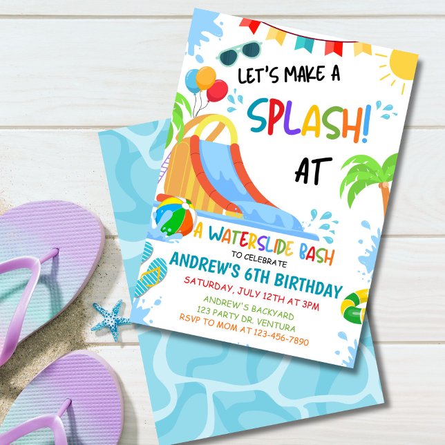 Invitación de cumpleaños Fiesta en el tobogán de a (Colorful waterslide birthday invitation with tropical summer pool party vibes for kids.)