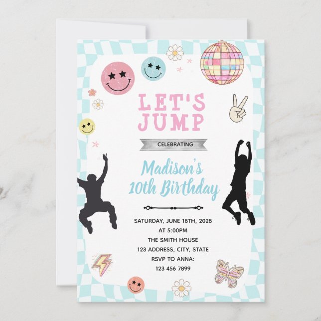 invitación de cumpleaños fiesta groovy jump (Anverso)
