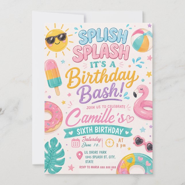 Invitación de cumpleaños Fiesta Splash (Anverso)
