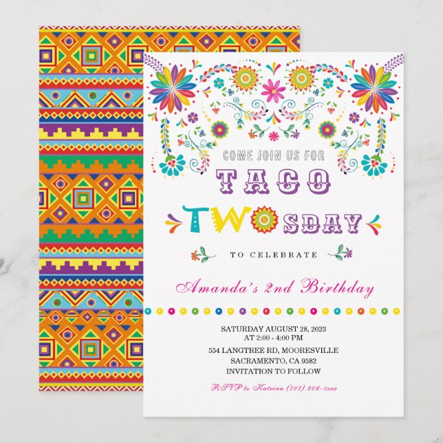 Invitación de cumpleaños Fiesta Taco Twosday (Anverso / Reverso)