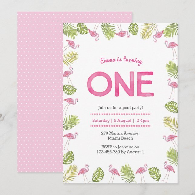 Invitación de cumpleaños | flamingo tropical (Anverso / Reverso)