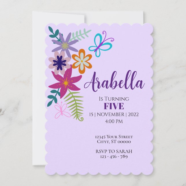 Invitación de cumpleaños floral (Anverso)