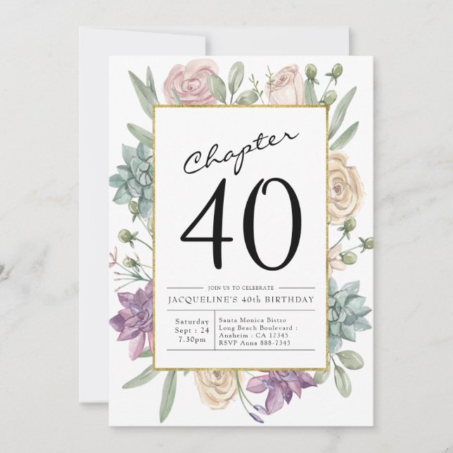 Invitación de cumpleaños Floral 40 (Anverso)