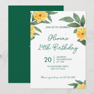 Invitación de cumpleaños floral amarilla para fies