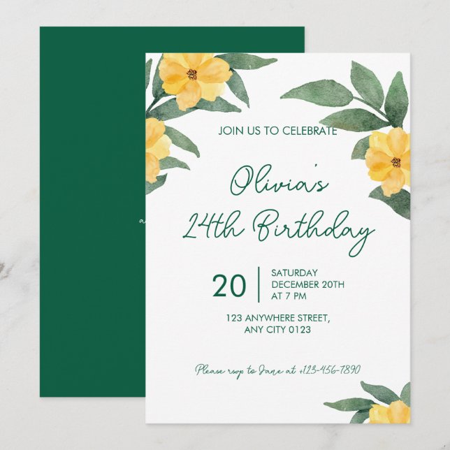 Invitación de cumpleaños floral amarilla para fies (Anverso / Reverso)
