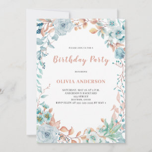 Invitación de cumpleaños floral azul elegante