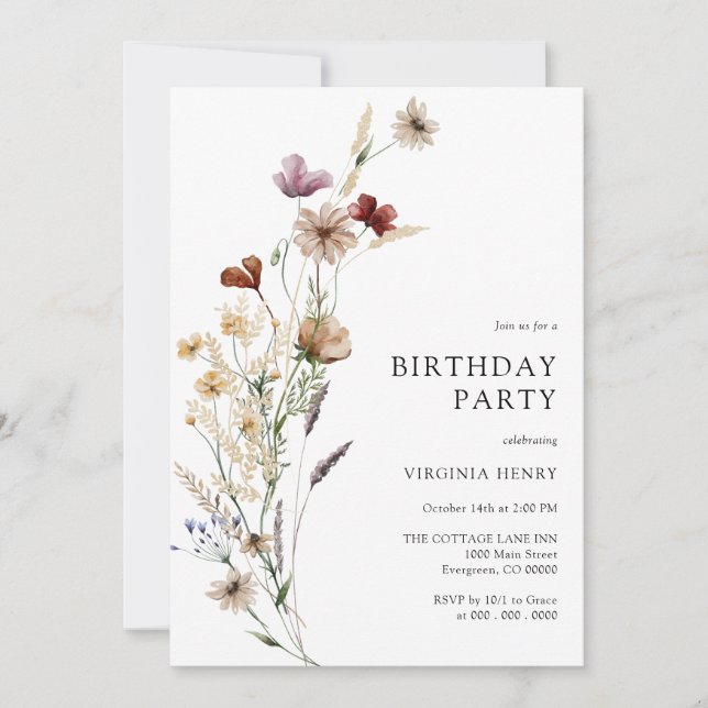 Invitación de cumpleaños floral boho (Anverso)