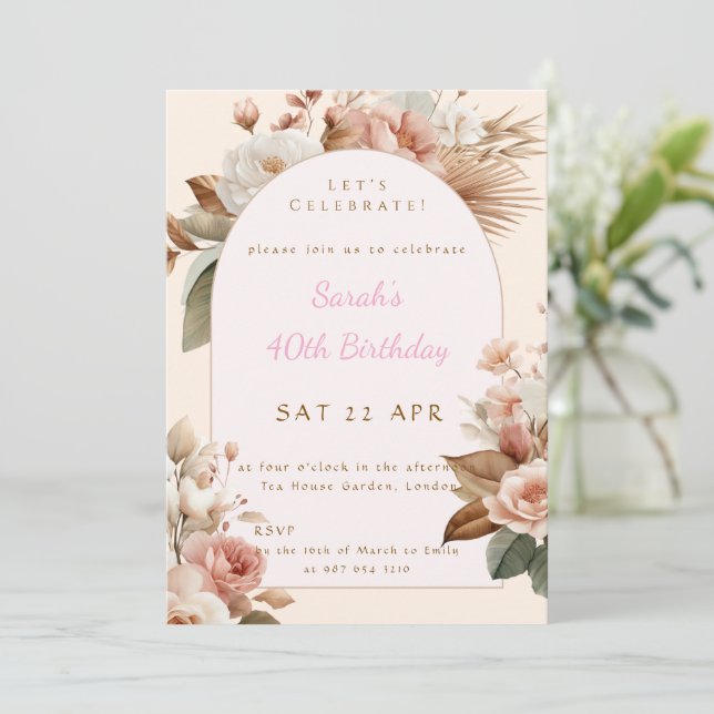 Invitación de cumpleaños floral boho elegante (Anverso de pie)
