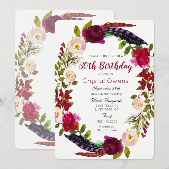 Invitación de cumpleaños floral borgoña para cualq (Anverso / Reverso)
