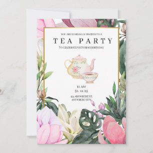 Invitación de cumpleaños floral con acuarela rosa