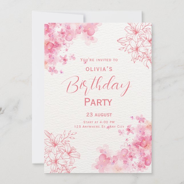 Invitación de cumpleaños floral con acuarela rosa (Anverso)