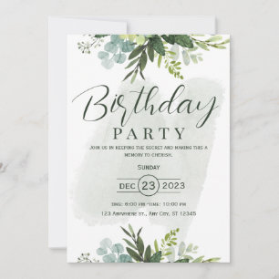 Invitación de cumpleaños floral con acuarela verde