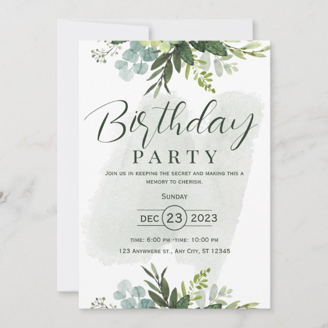 Invitación de cumpleaños floral con acuarela verde (Anverso)
