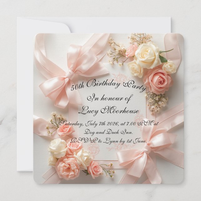 Invitación de cumpleaños floral con lazo coquette  (Anverso)