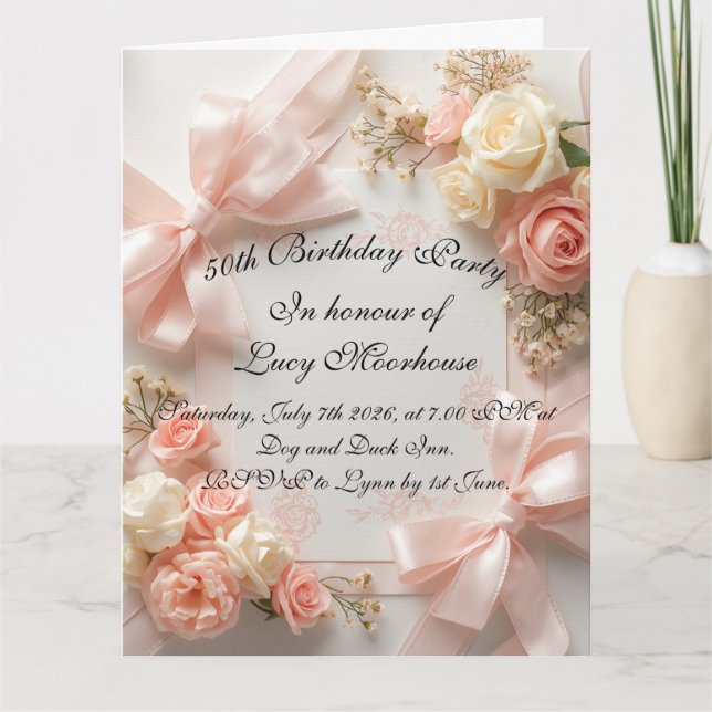 Invitación de cumpleaños floral con lazo coquette  (Anverso)