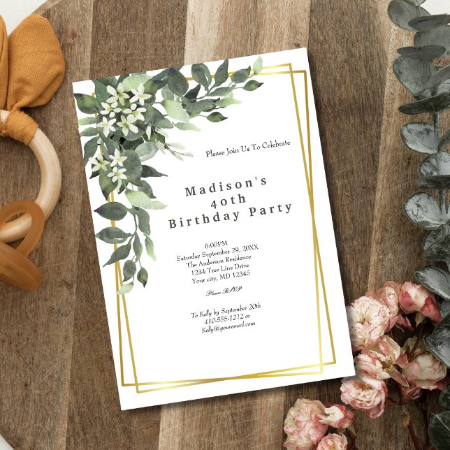 Invitación de cumpleaños floral con marco dorado y (Elegant Gold Frame Greenery Birthday Invitation for her. Instant download digital, or Printed)